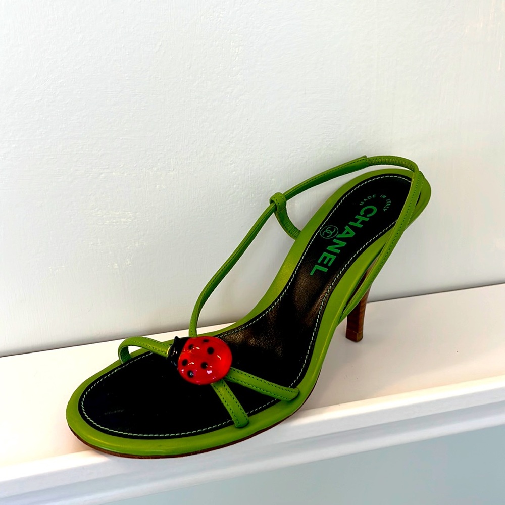 Vintage Chanel Iconic Green Ladybug Sandal Kitten Heels (IT 36)